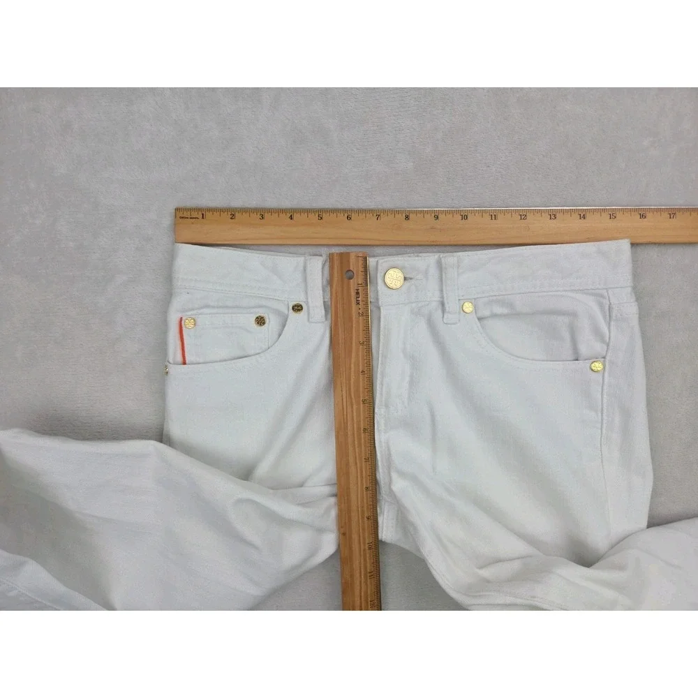 Tory Burch Classic Tory Boot Jeans Size 27 Logo Pocket Gold Button White Denim